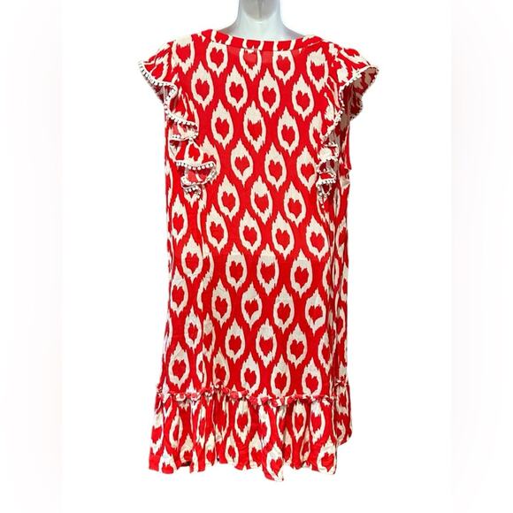 Jodifl Women’s Large Red and White Gauze like Summer Dress with Ruffle Sleeves - Picture 2 of 10